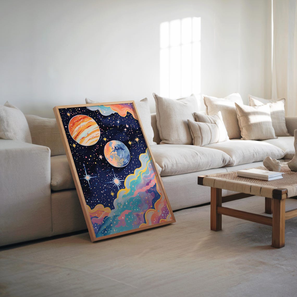 Psychedelic Space Art Poster Vibrant Gouache Acrylic Painting Pastel Planets And Stars Dreamy Detailed Imagery