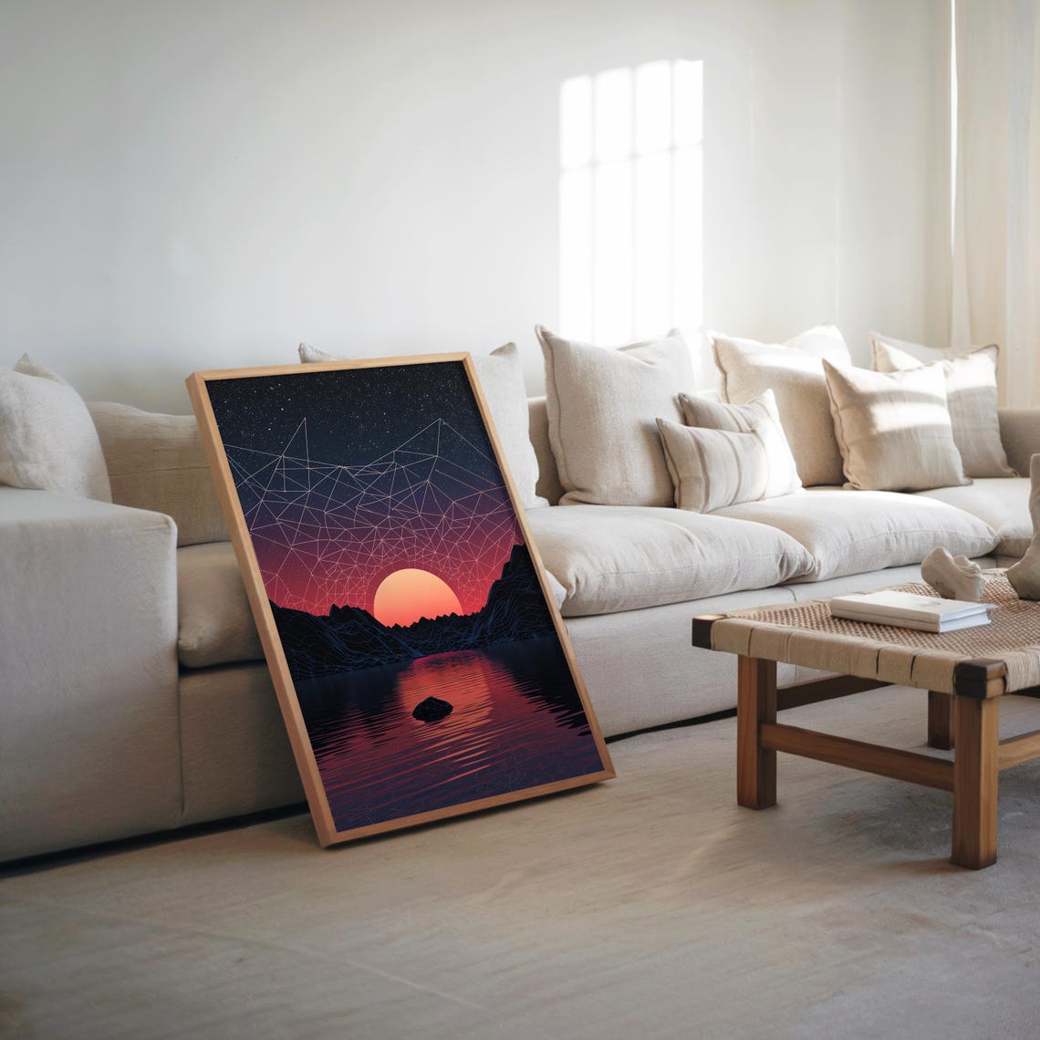 Sunset Water Scene Retrofuturism Pixel Art Synthwave Vector Design Neon Colored 1960s Vibe