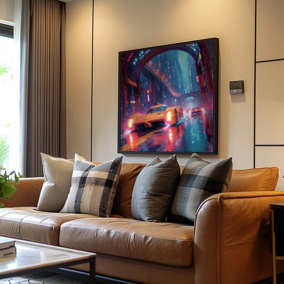 Neon Retrofuturism Sports Car Poster Vibrant Oil Painting Pixel Art Cinematic Rainy Street Scene Maximalist Style