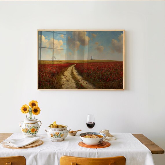 Red Poppy Field Dirt Road Impressionist Warm Countryside Wall Art