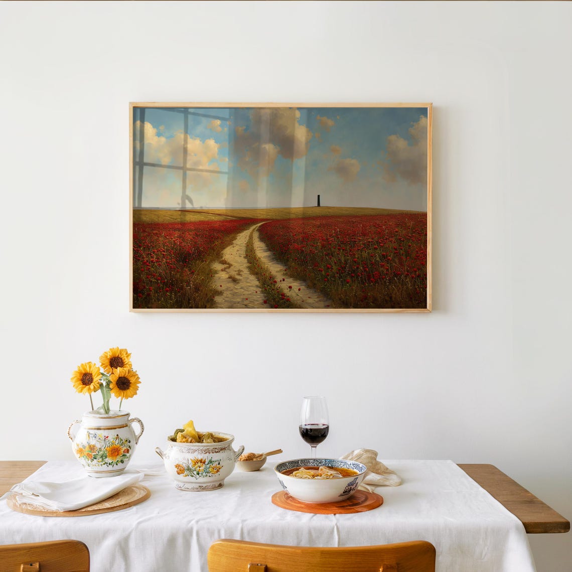 Red Poppy Field Dirt Road Impressionist Warm Countryside Wall Art