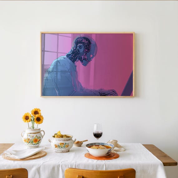 Synthwave Style Riso Print Illustration Cool Neon Tones Laptop Man With Headphones Rim Light Glow Effect Vibe
