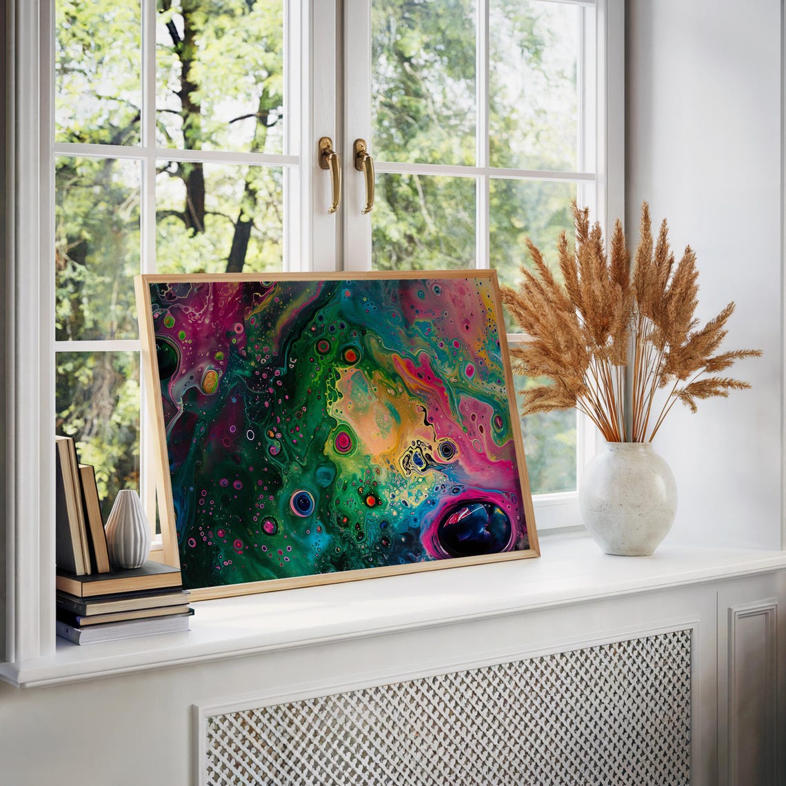 Cosmic Fluid Art Neon Galaxy Swirl Abstract Poster for Studios