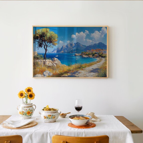 Mediterranean Coastal Bay Cypress Tree Impressionist Oil Painting Poster