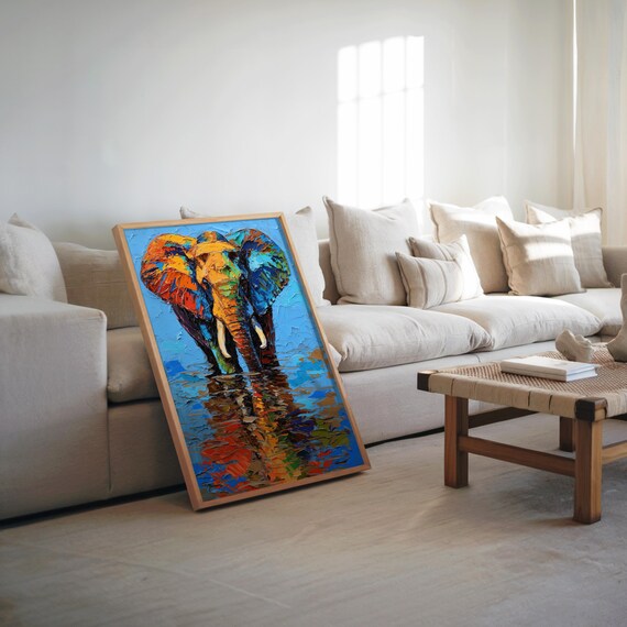 Maximalist Elephant Impressions Vibrant Water Painting Glossy Oil Acrylic Finish Detailed Wildlife Art Colorful Wall Decor