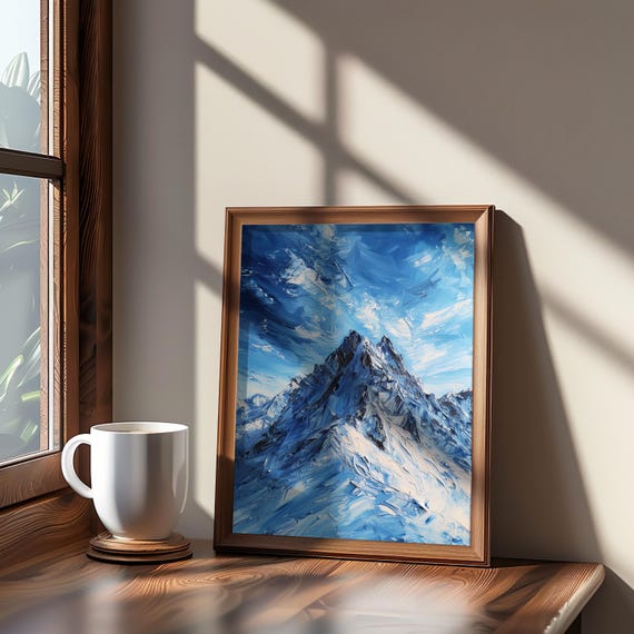 Snowy Mountain Poster Impressionist Art Oil Acrylic Painting Monochrome Pastel Palette Glossy Texture Landscape Wall