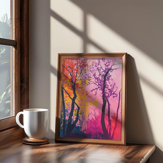 Impressionistic Psychedelic Forest Art Print Vibrant Color Dreamy Vibe Acrylic Gouache Painting Wall Decor