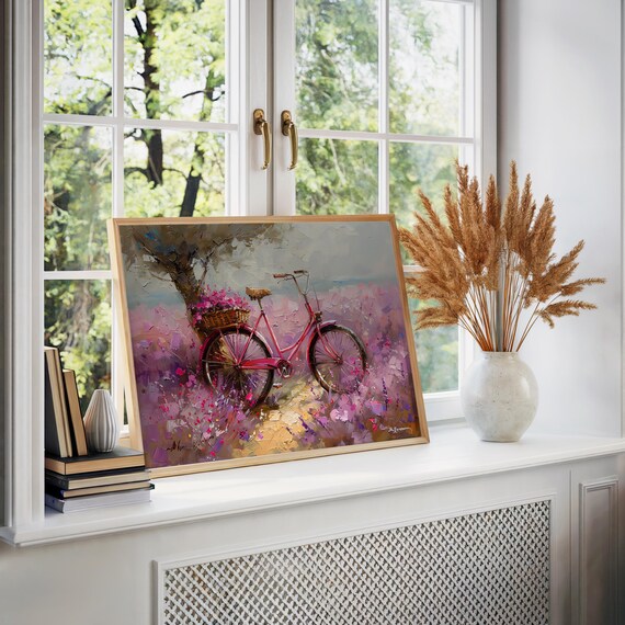 Pink Bicycle Oil Painting Flower Field Impasto Texture Art Poster