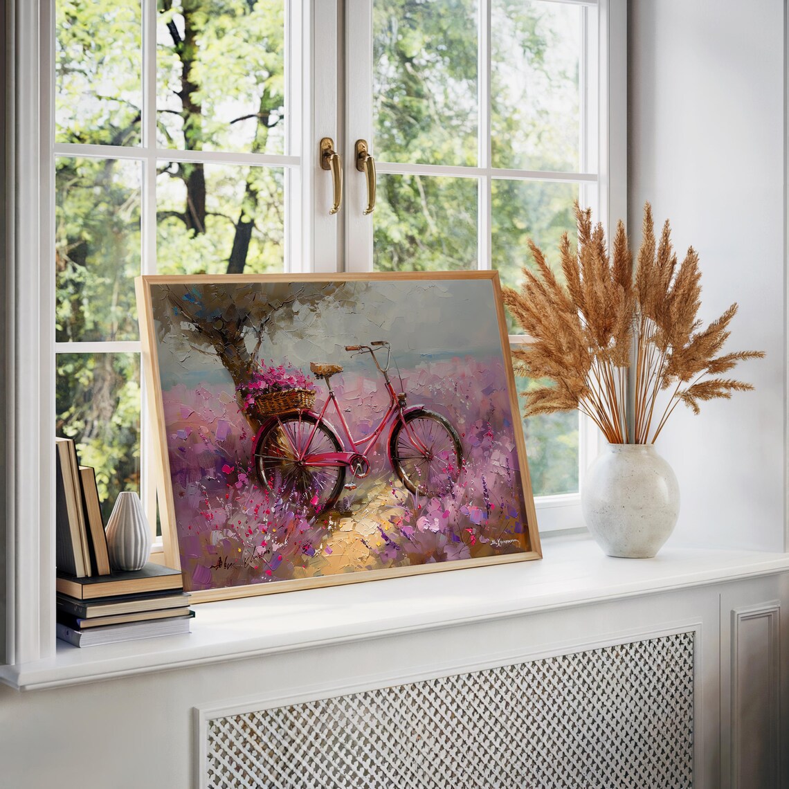 Pink Bicycle Oil Painting Flower Field Impasto Texture Art Poster