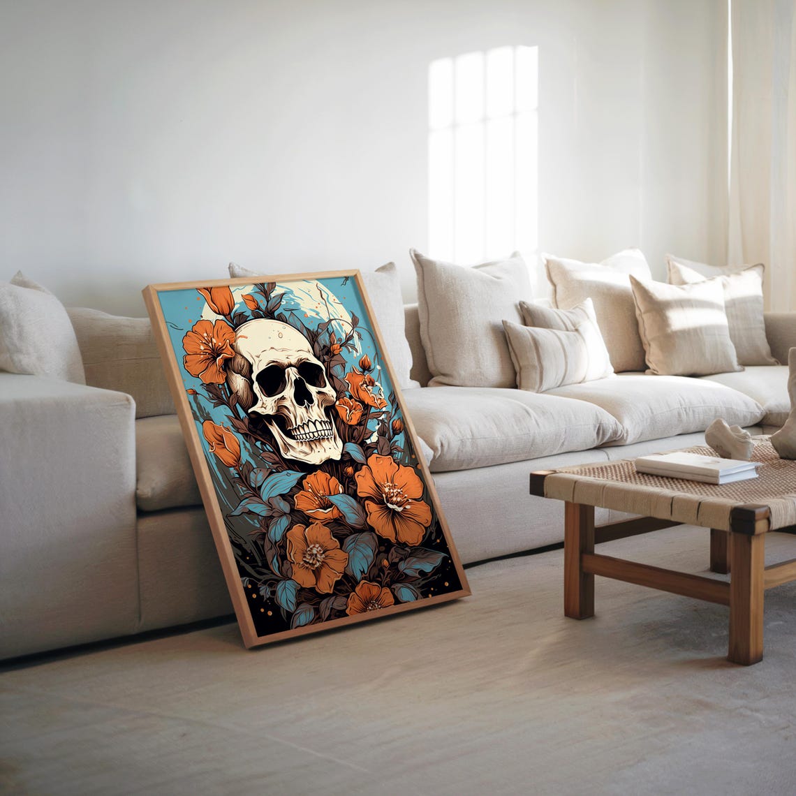 Maximalist Psychedelic Skull Art Floral Poster Full Moon Background Vector Design Cool Tones Unique Wall