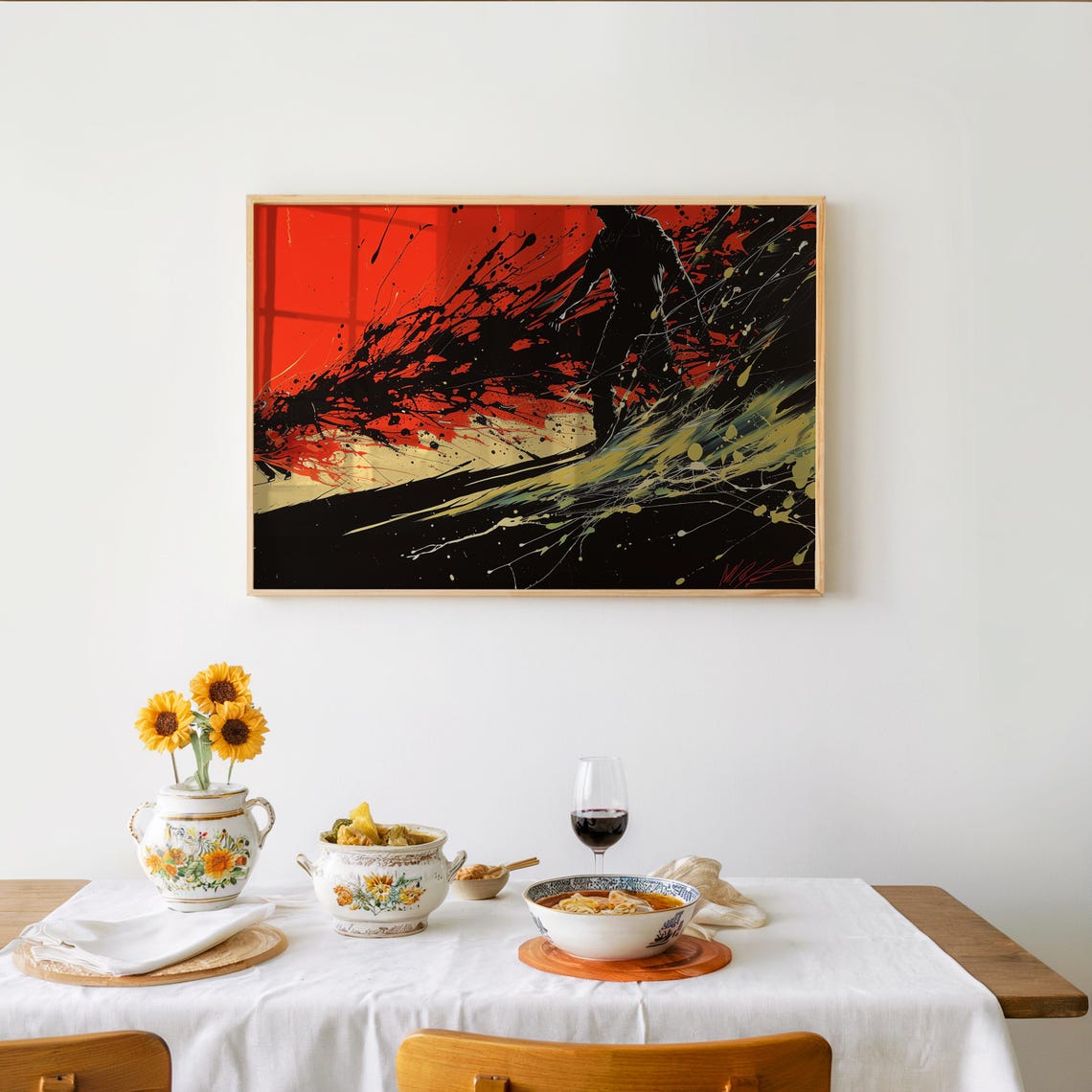 Surfer Silhouette Red Splash Wave Dynamic Surf Action Art Poster