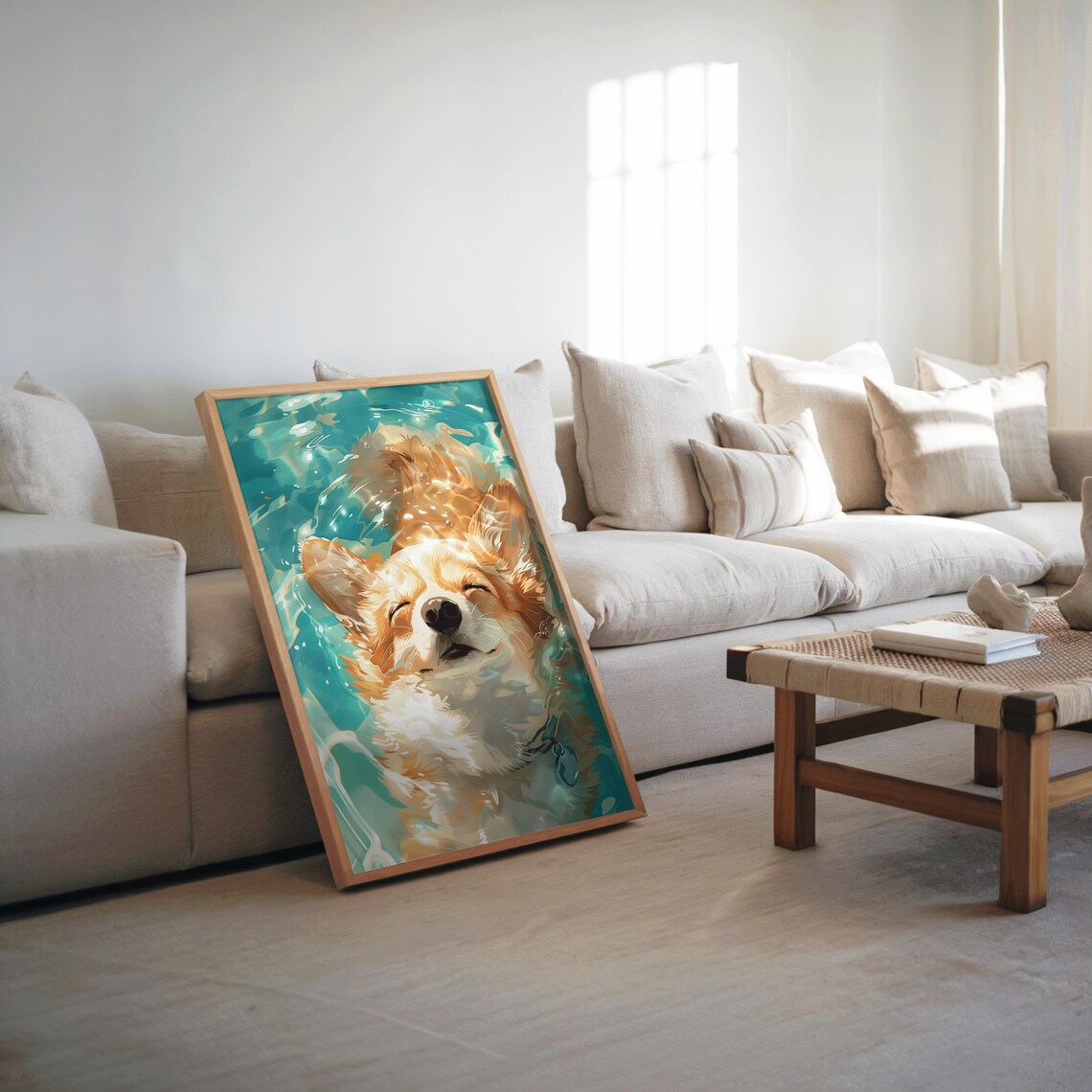 Corgi Underwater Swim Turquoise Water Painterly Dog Portrait Art Print
