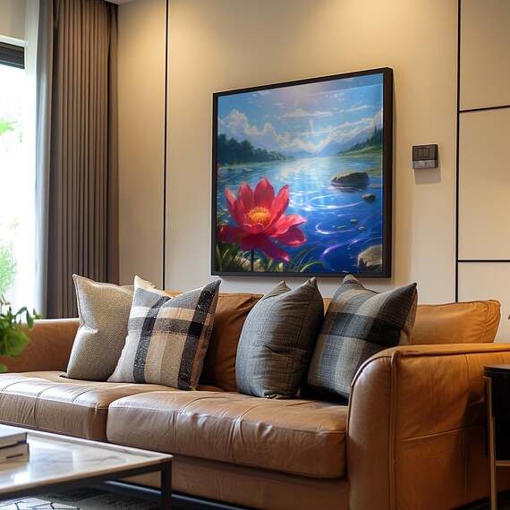 Dreamy Red Lotus Lake Mountain Impressionist Floral Art Poster