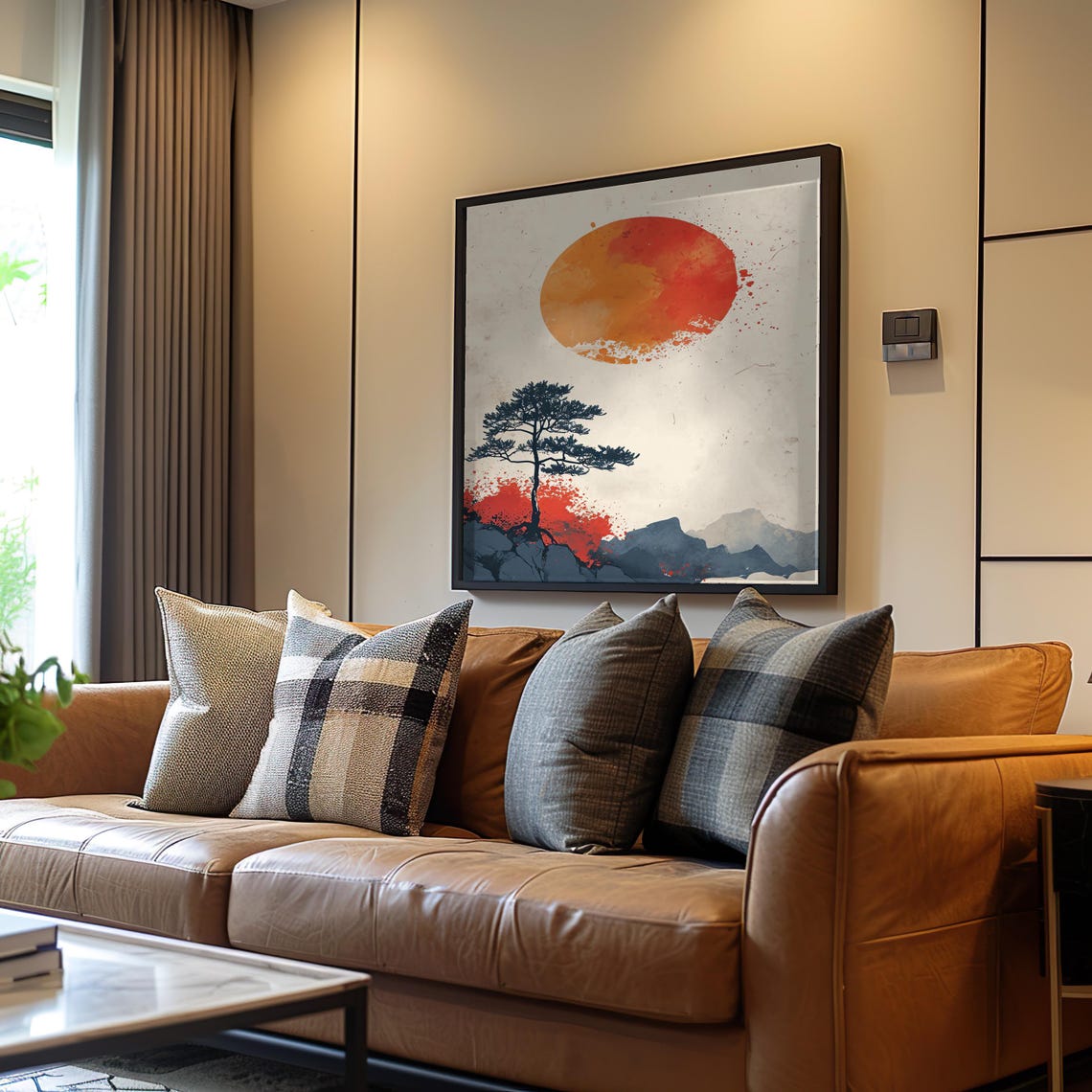 Red Sun Pine Tree Mountain Minimalist Midcentury Modern Art Poster
