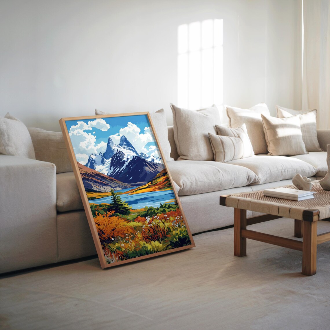 Snowy Mountain Peaks Alpine Lake Autumn Season Illustration Poster