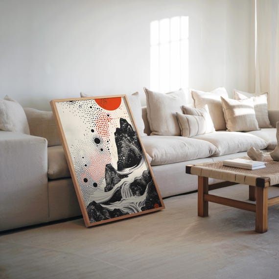 Midcentury Modern Mountain Art Red Sun Poster Retrofuturism Style Screen Print Illustration Monochrome Palette Wall