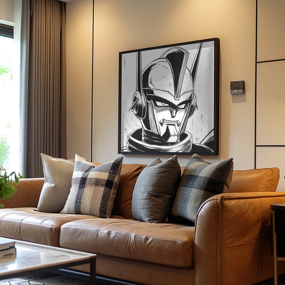 Monochrome Robot Art Detailed Manga Style Ink Vector Flat Shading Black Palette Anime Vibe Unique Wall Decor