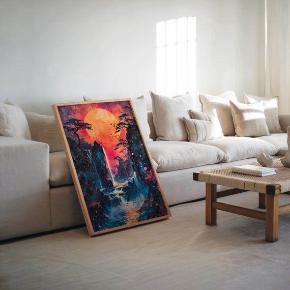 Psychedelic Waterfall Sunset Poster Vibrant Gouache Acrylic Painting Dreamy Cinematic Ambiance Maximalist Design Warm