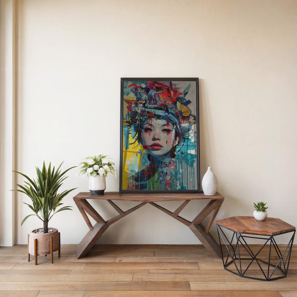 Colorful Headdress Woman Maximalist Art Poster Vibrant Oil Painting Collage Glossy High Detail Print Intense Colors