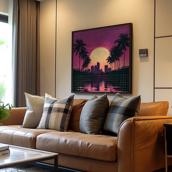 Vibrant Synthwave Sunset Poster Palm Trees Water Cityscape Neon Cool Tones Pixel Art Vector Vaporwave Style