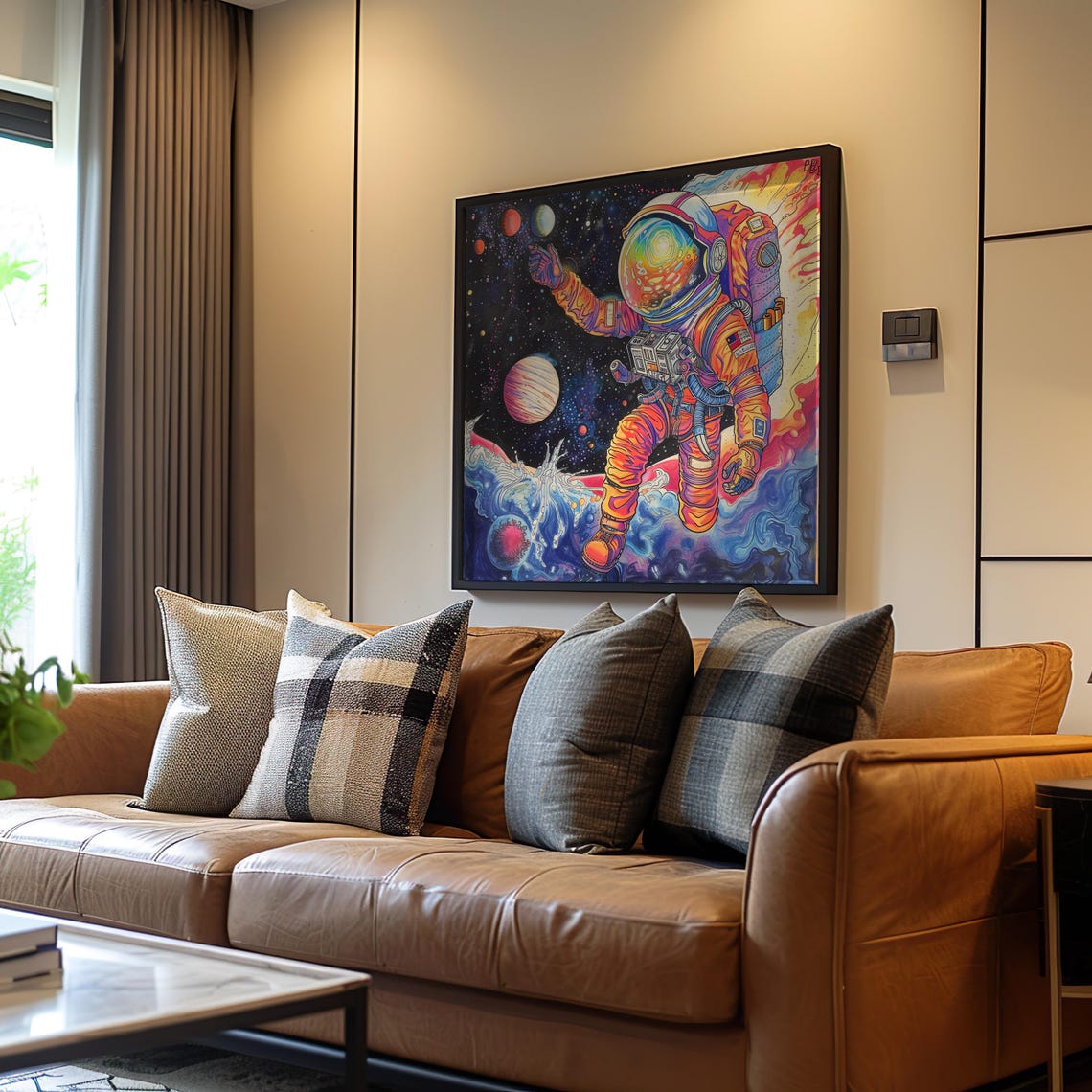 Psychedelic Astronaut Outer Space Art Retrofuturism Vibrant Acrylic Painting Unique Deco Planet Imagery
