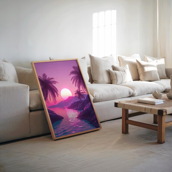 Vaporwave Island Sunset Poster Neon Palm Trees Tropical Glow Art
