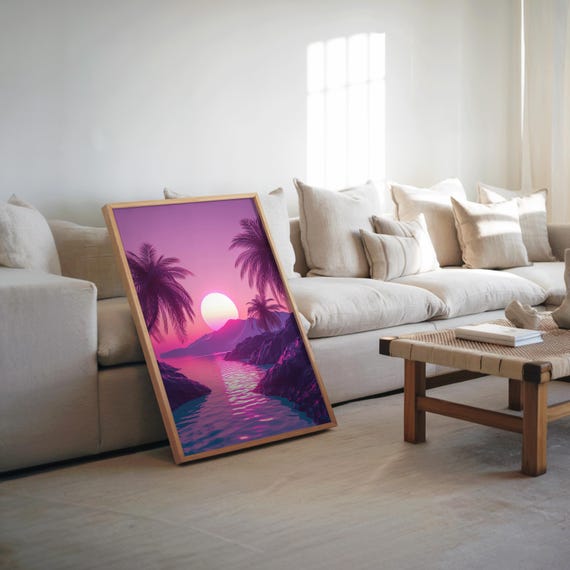 Vaporwave Sunset Poster Palm Trees Art Neon Pastel Illustration Synthwave Style 3d Render Tropical Wall