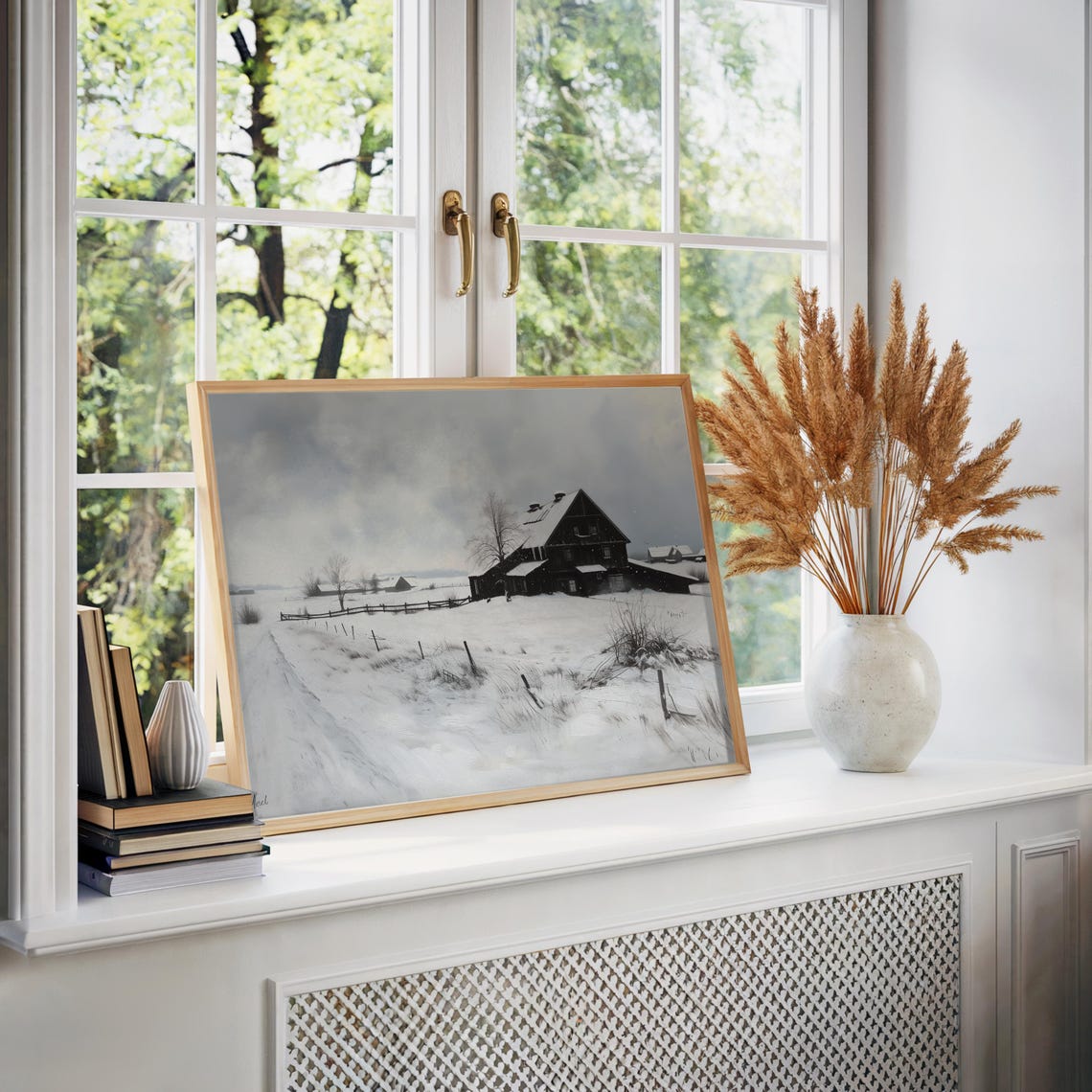 Snowy Barn Winter Field Monochrome Landscape Art Poster Home Decor