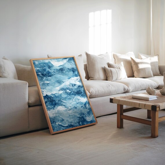 Blue White Water Impression Acrylic Oil Artwork Cool Muted Tones Noisy Texture Art Print Impressionist Poster