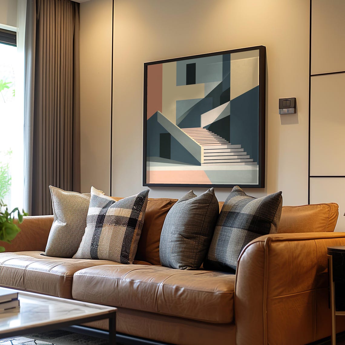 Brutalist Staircase Poster Modern Gouache Geometric Muted Pastel Art