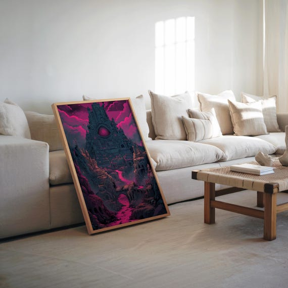 Psychedelic Castle Poster Pink Sky Pixel Art Maximalist Print Cool Pastel Tones Detailed Cinematic Vibe Unique