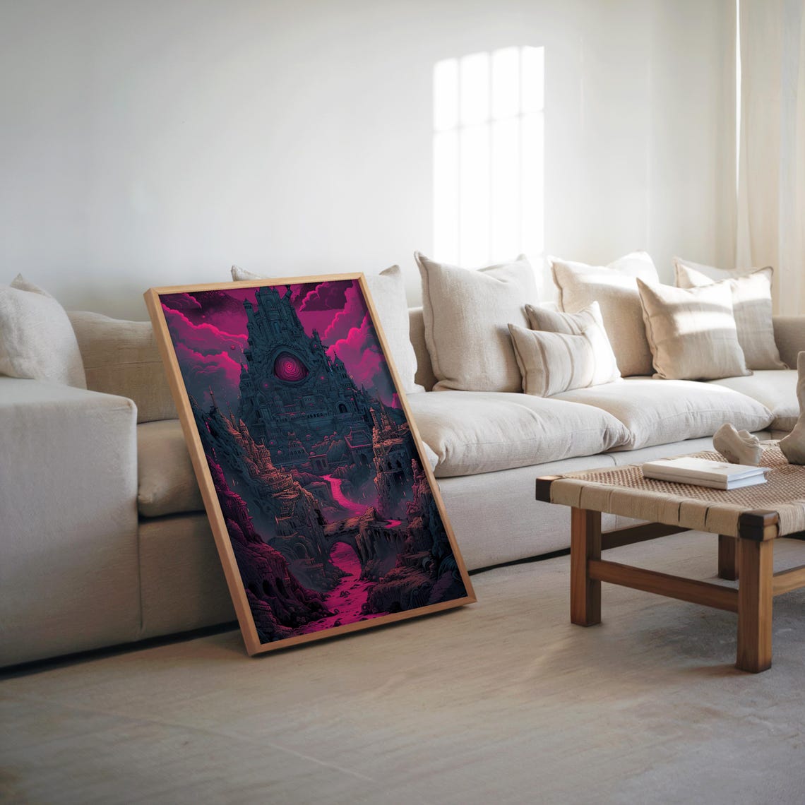 Psychedelic Castle Poster Pink Sky Pixel Art Maximalist Print Cool Pastel Tones Detailed Cinematic Vibe Unique