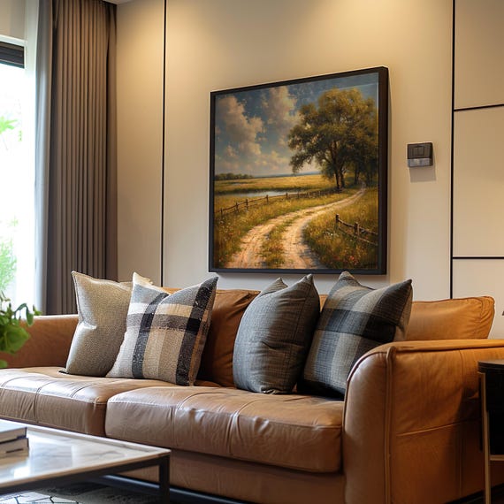 Dreamy Dirt Road Impressionistic Photorealism Oil Painting Poster Warm Tones Field And Tree Art Highquality Gallery Decor