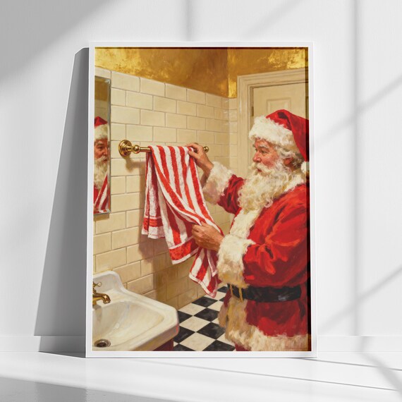 Santa Claus Hanging Striped Towel Bathroom Vintage Christmas Poster