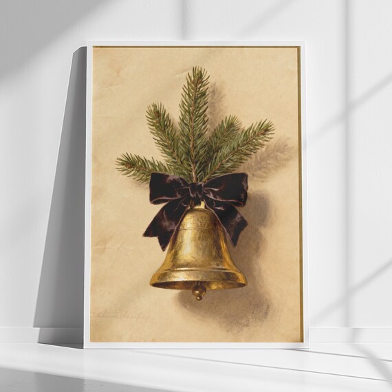 Antique Gold Christmas Bell With Pine Branch Vintage Holiday Poster