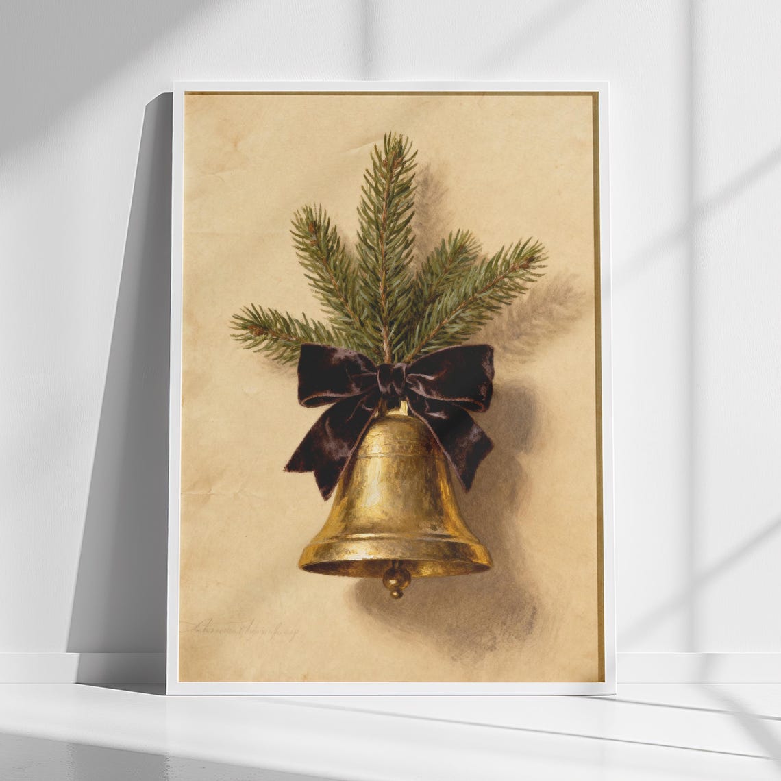 Antique Gold Christmas Bell With Pine Branch Vintage Holiday Poster