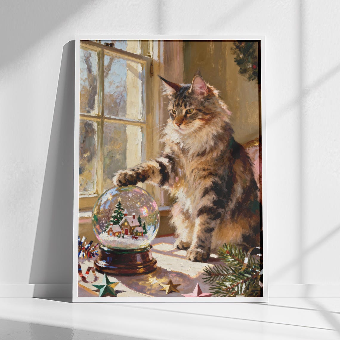 Maine Coon Cat With Snow Globe Christmas Window Scene Poster