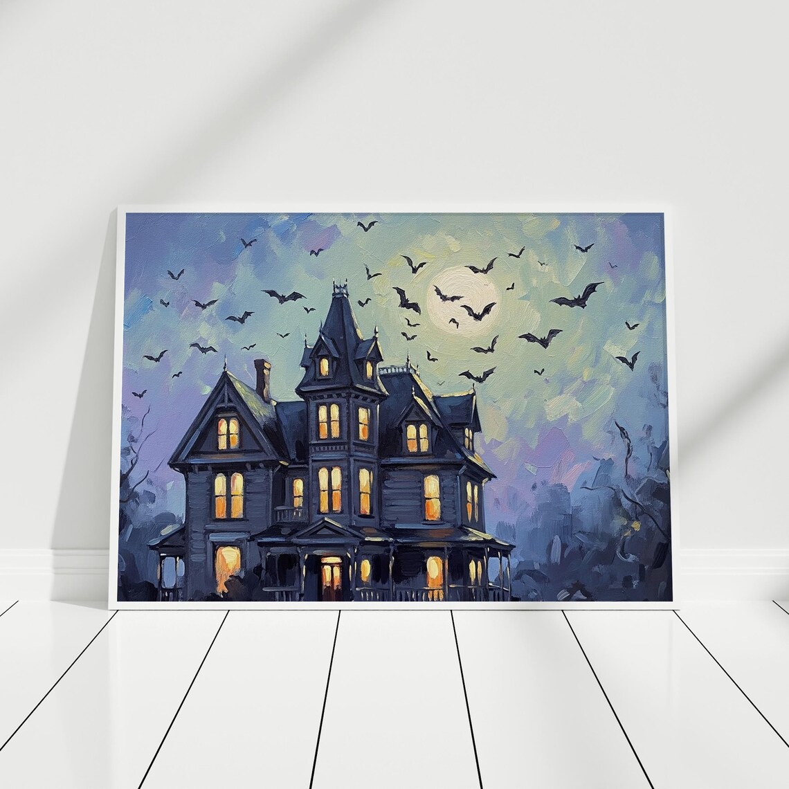 Moonlit Victorian Haunted House with Bats Oil Painting Halloween Poster