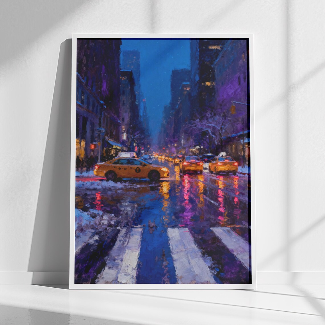 New York City Snowy Manhattan Night Yellow Taxis Oil Painting Poster