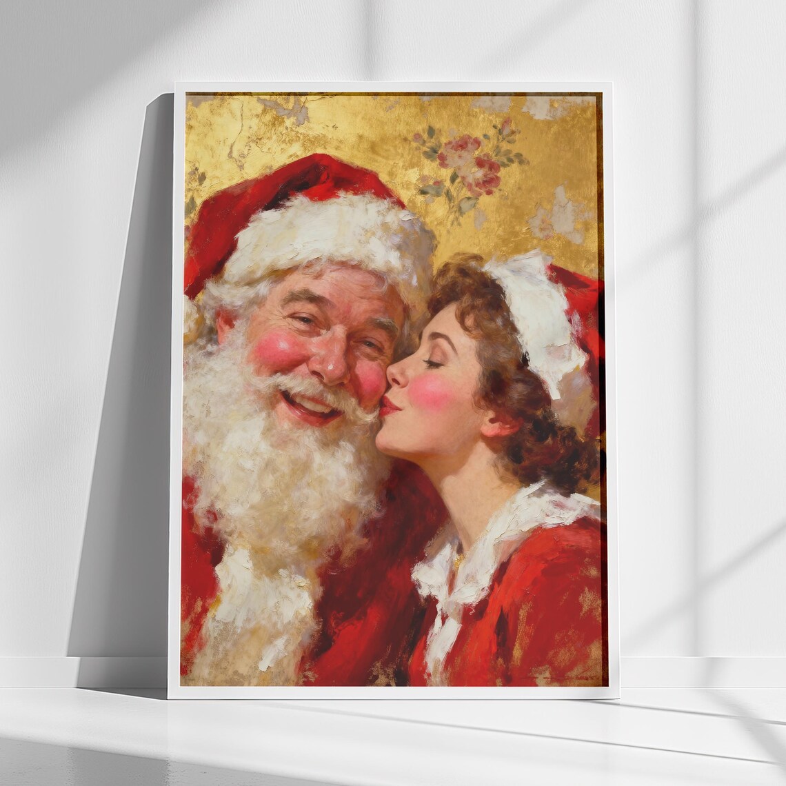 Santa Claus Kissed by Mrs Claus Vintage Christmas Art Poster