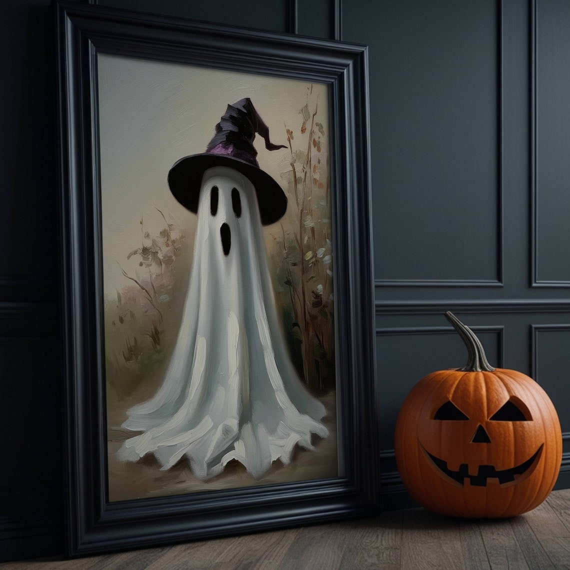 Vintage Ghost Wearing A Witch Hat Cute Painterly Halloween Poster - Image 3