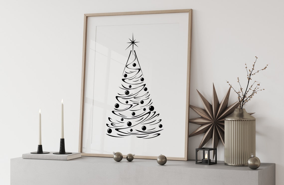 Minimalist Black Line Art Christmas Tree Star Modern Holiday Poster - Image 3