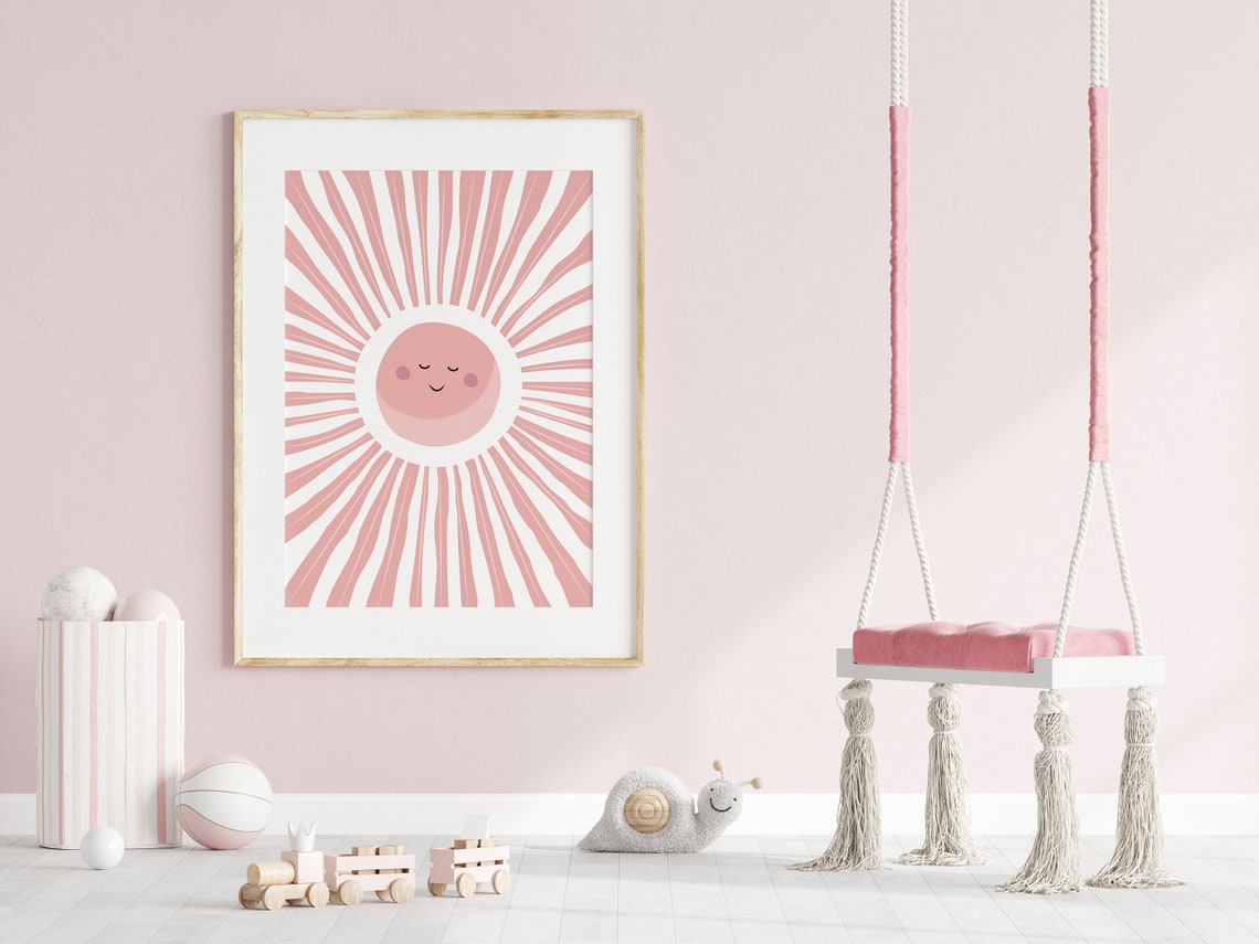Pink Boho Sun With Smiling Face Radiating Rays Nursery Wall Art - Image 2