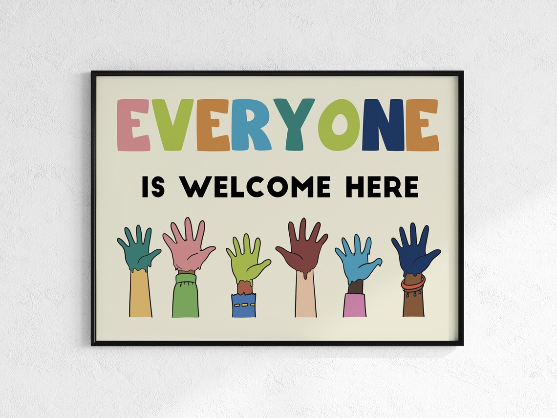 Everyone Is Welcome Here Colorful Hands Inclusion Classroom Wall Poster