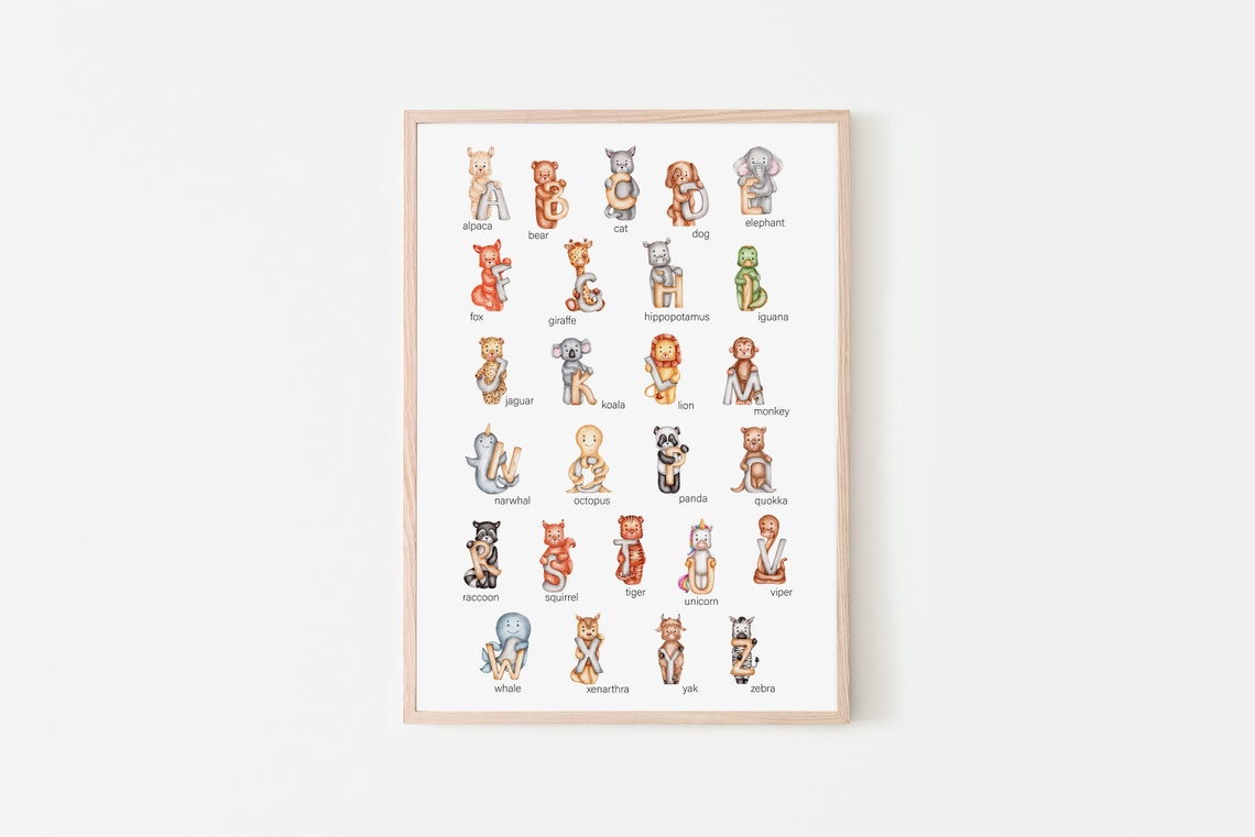 Animal Alphabet ABC Watercolor Educational Kids Nursery Poster - Image 2