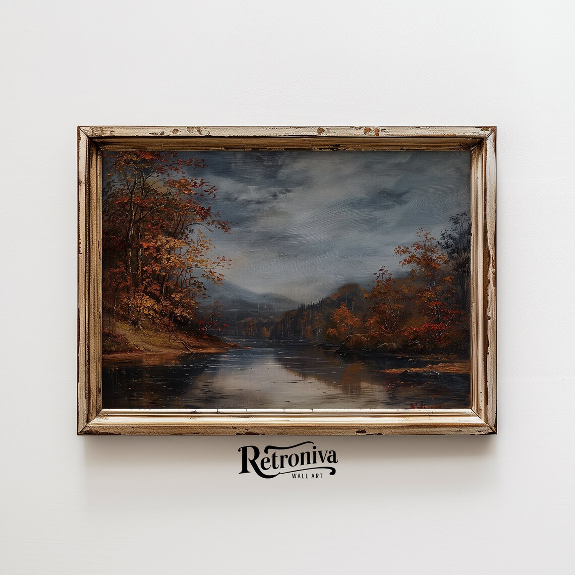 Moody Autumn Lake Stormy Sky Rustic Fall Landscape Vintage Painting Poster - Image 6