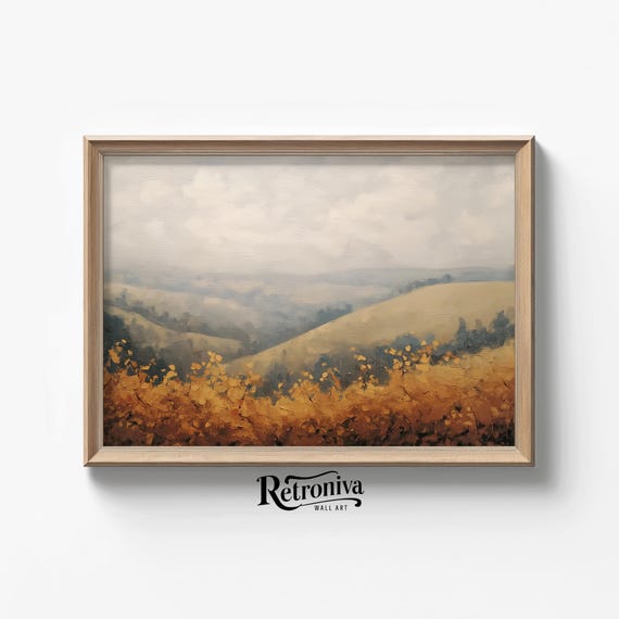 Autumn Hill View Fall Landscape Oil Painting Vintage Moody Countryside Wall Art Farmhouse Decor Retroniva Art Atm 013