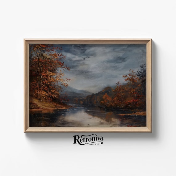 Lake Landscape Autumn Painting Vintage Autumn Print Moody Fall Wall Art Rustic Fall Lake Wall Decor Retroniva Art Atm 001
