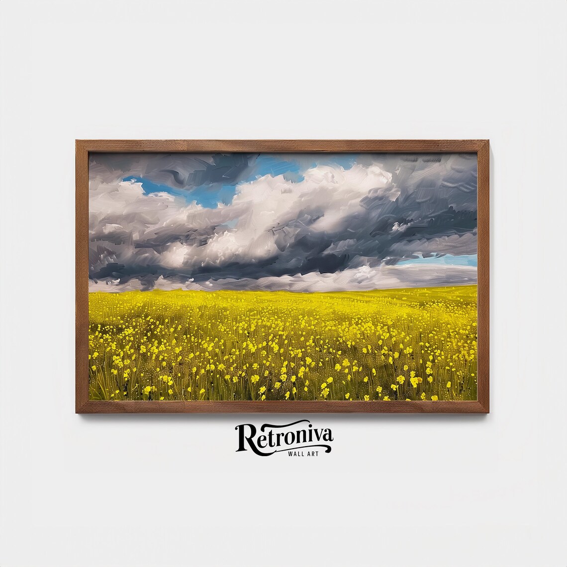 Yellow Wildflower Field Under Storm Clouds Dramatic Meadow Painting Poster - Image 4