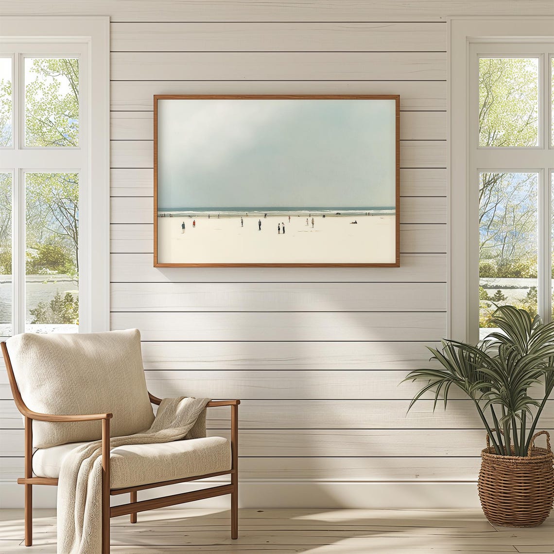 Minimalist Pale Beach Scene With Tiny Figures On The Sand Poster - Image 3